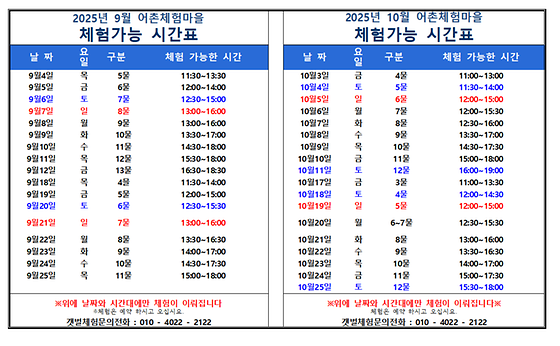 동화어촌체험마을 9~10월 물때표